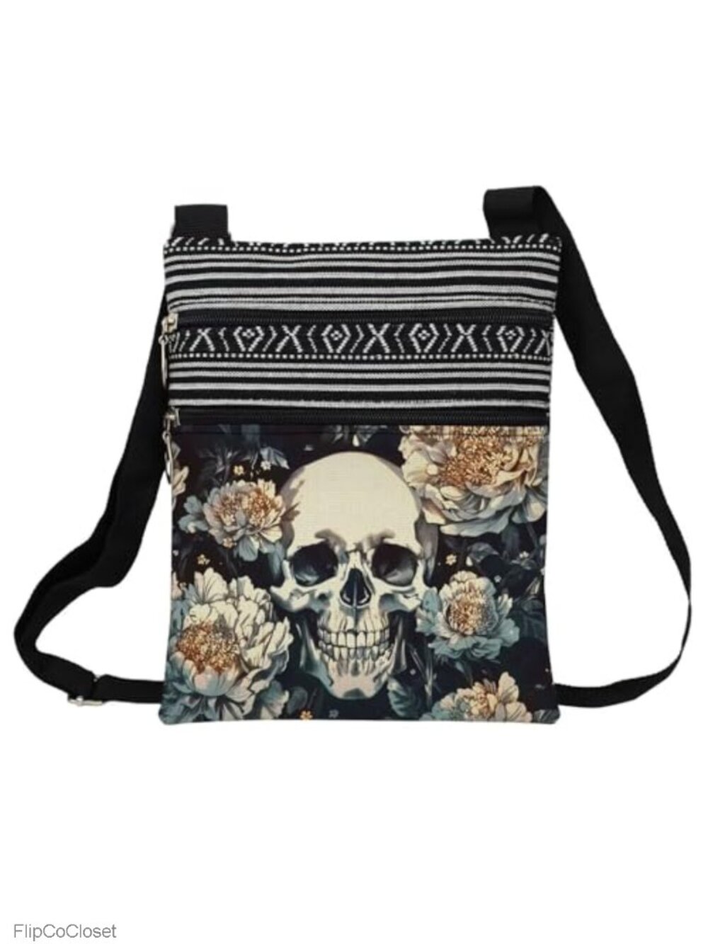 Polyester Floral Skull Crossbody Bag Adjustable Strap Zipper Pouch Ethnic